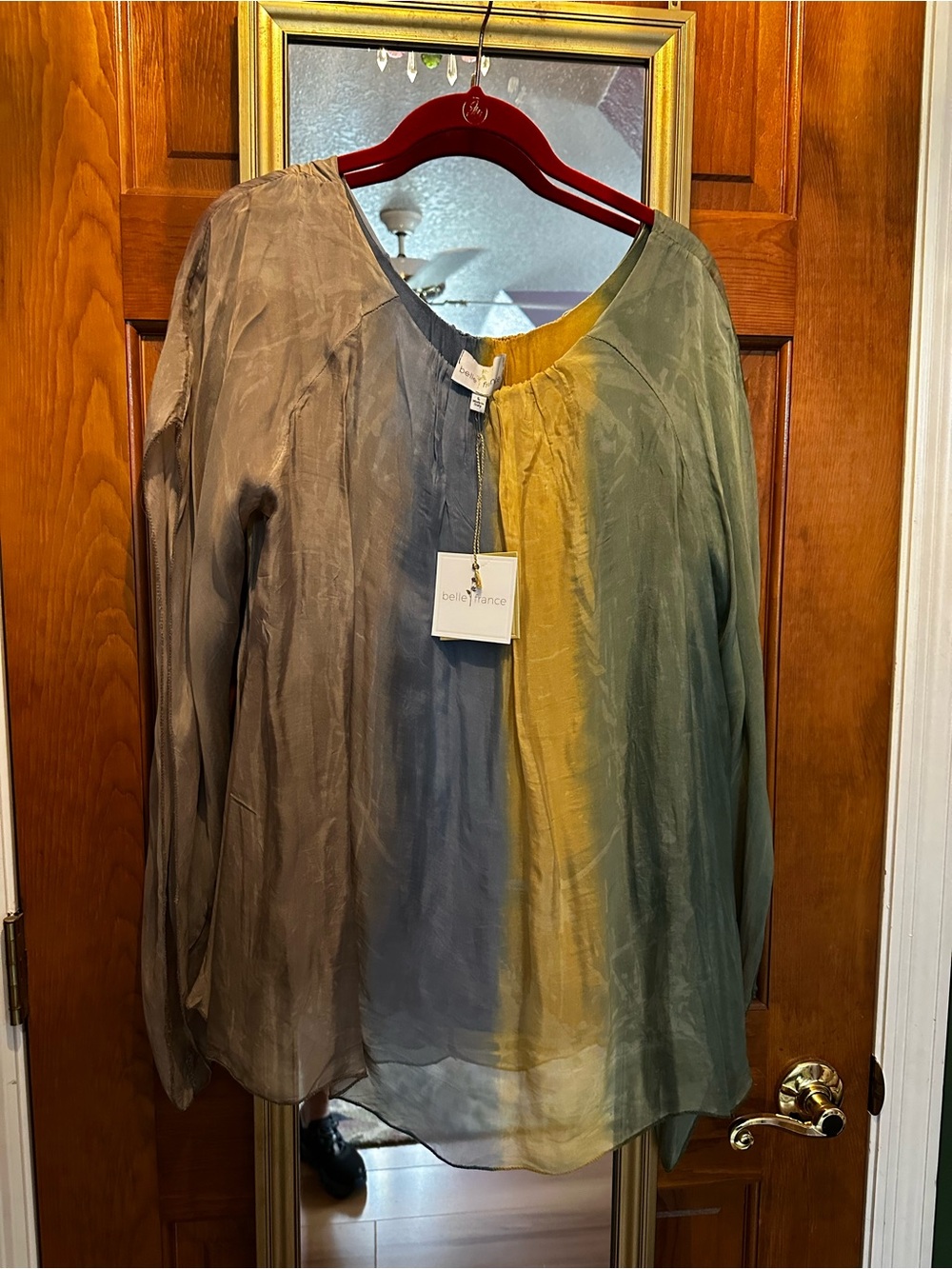 Bellavance Lightweight Colorblock Silk Blouse in Olive/Gray/Gold